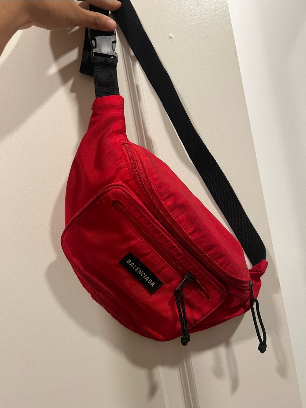 Balenciaga Red Nylon Belt Bag with Black Strap
